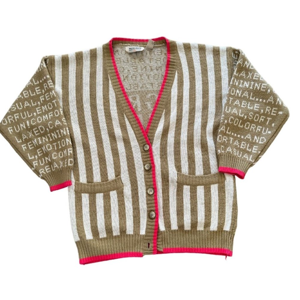 VTG AUTOGRAPH AMERICAN CLOTHING AOP TAN WHITE STRIPED CARDIGAN‎ WOMAN'S SMALL E2